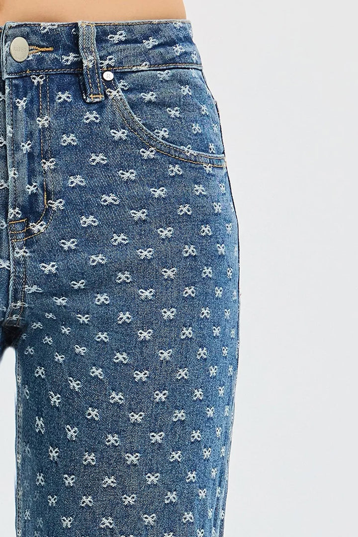 RISEN High Rise Wide Leg Bow Embroidered Jeans