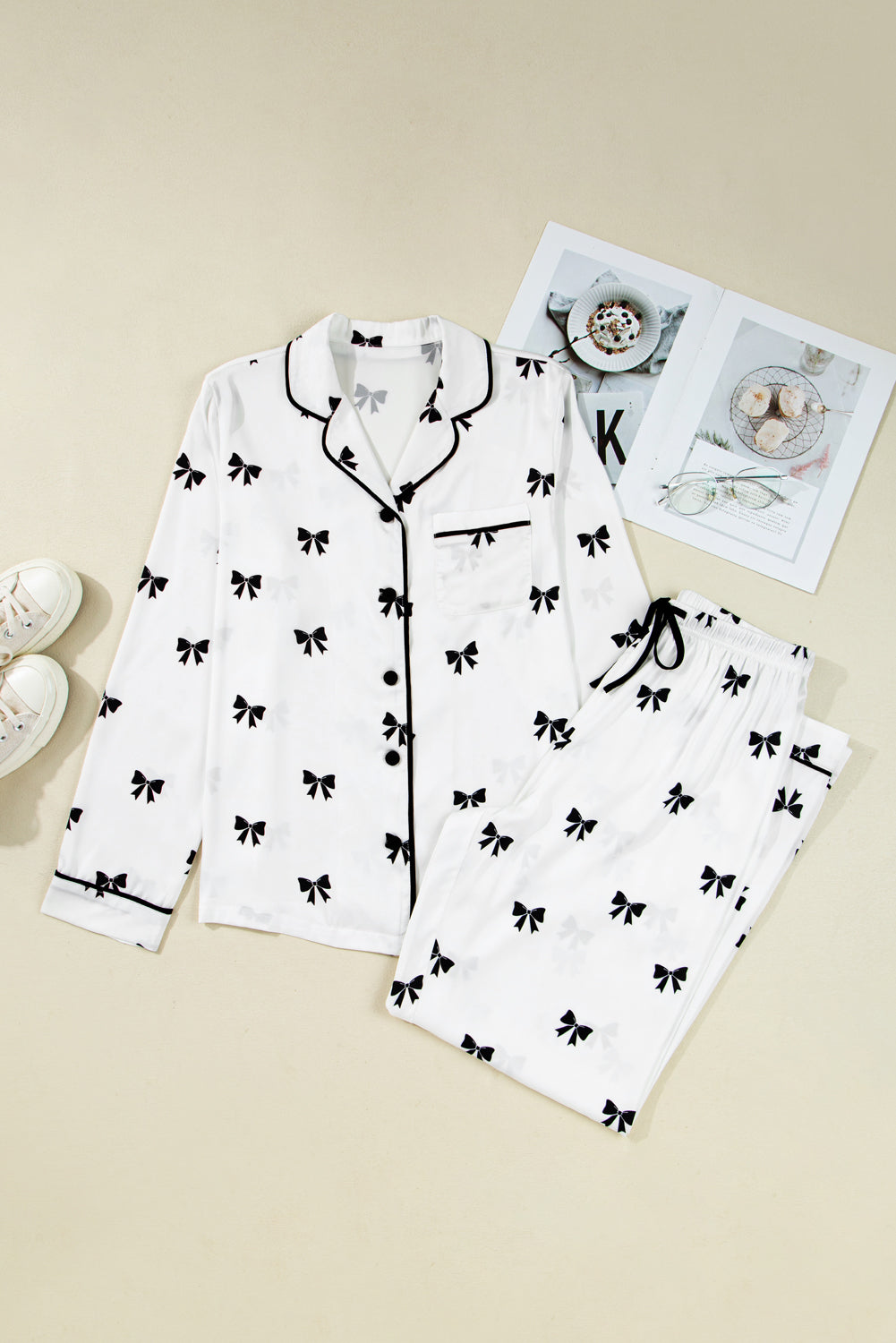 White Bows Print Two Piece Sleepwear