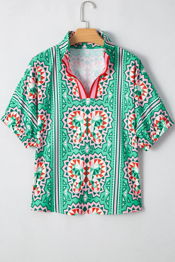Boho Abstract Print Contrast Striped Collared V Neck Blouse
