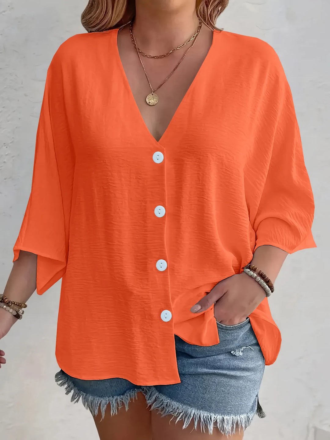 Full Size Casual V-Neck Button Down Relaxed Fit Blouse Plus Size
