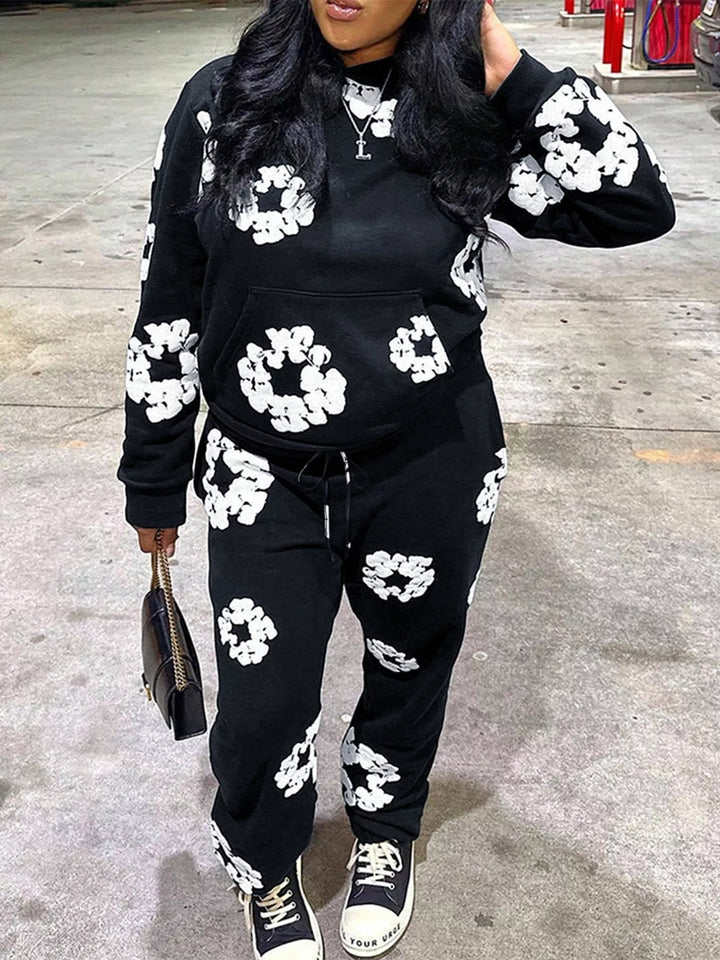 Printed Long Sleeve Hoodie and Pants Set