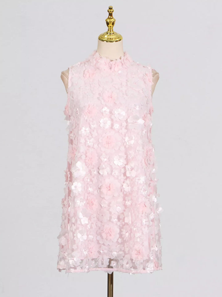 Floral Applique High Neck Sleeveless Mini Dress