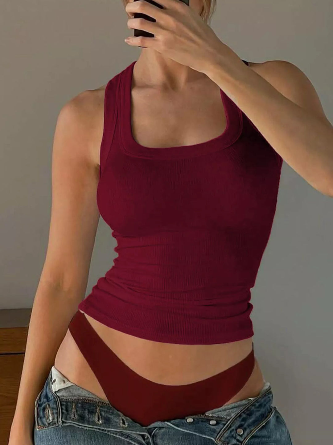 Ribbed Square Neck Tank Top