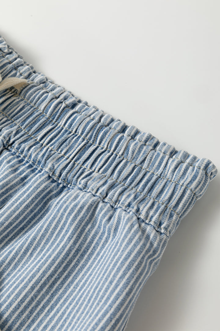 Sky Blue Stripe Raw Edge Drawstring Elastic Waist Casual Denim Shorts
