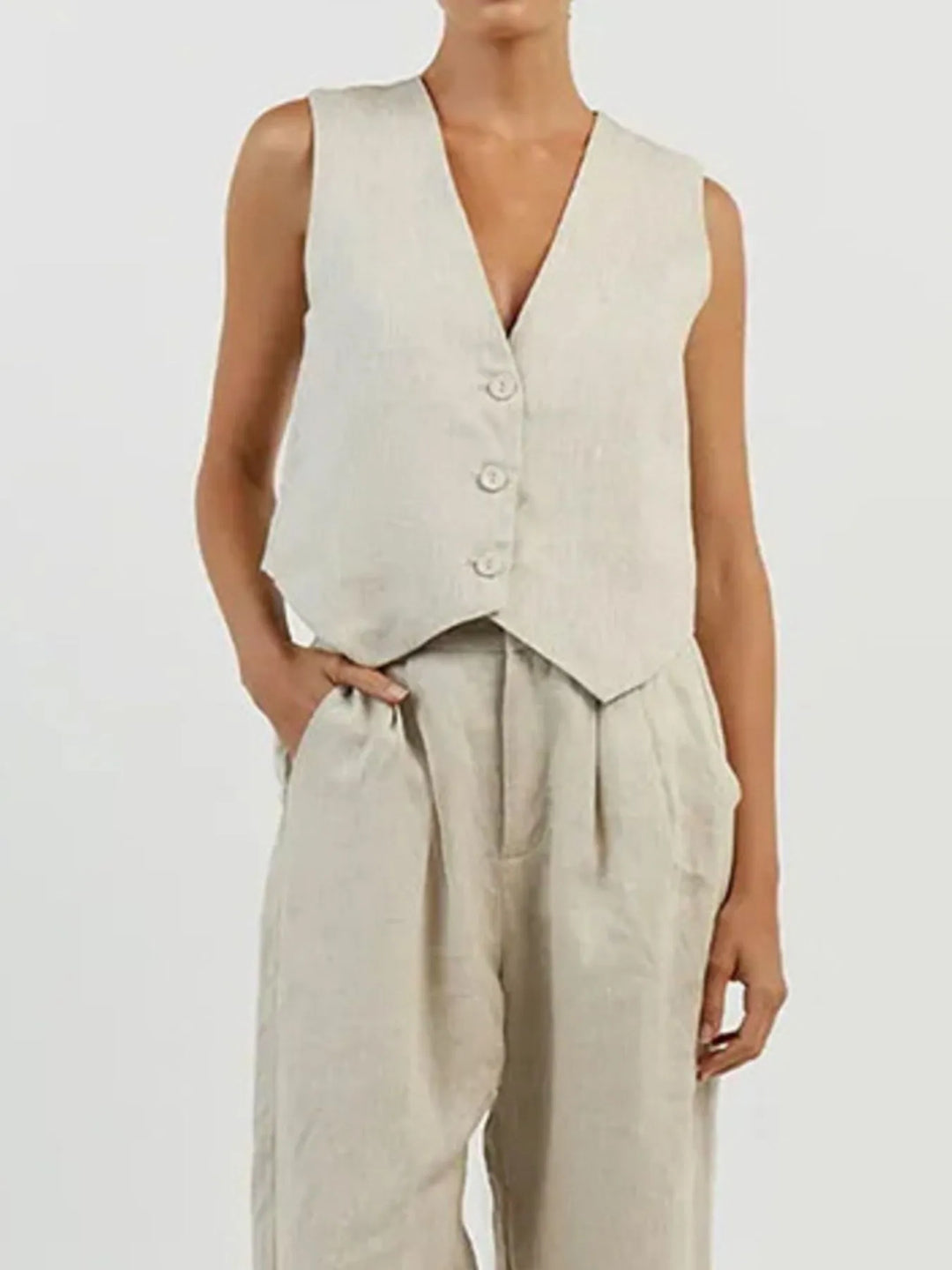 Full Size V-Neck Vest and Wide Leg Pants Set Plus Size
