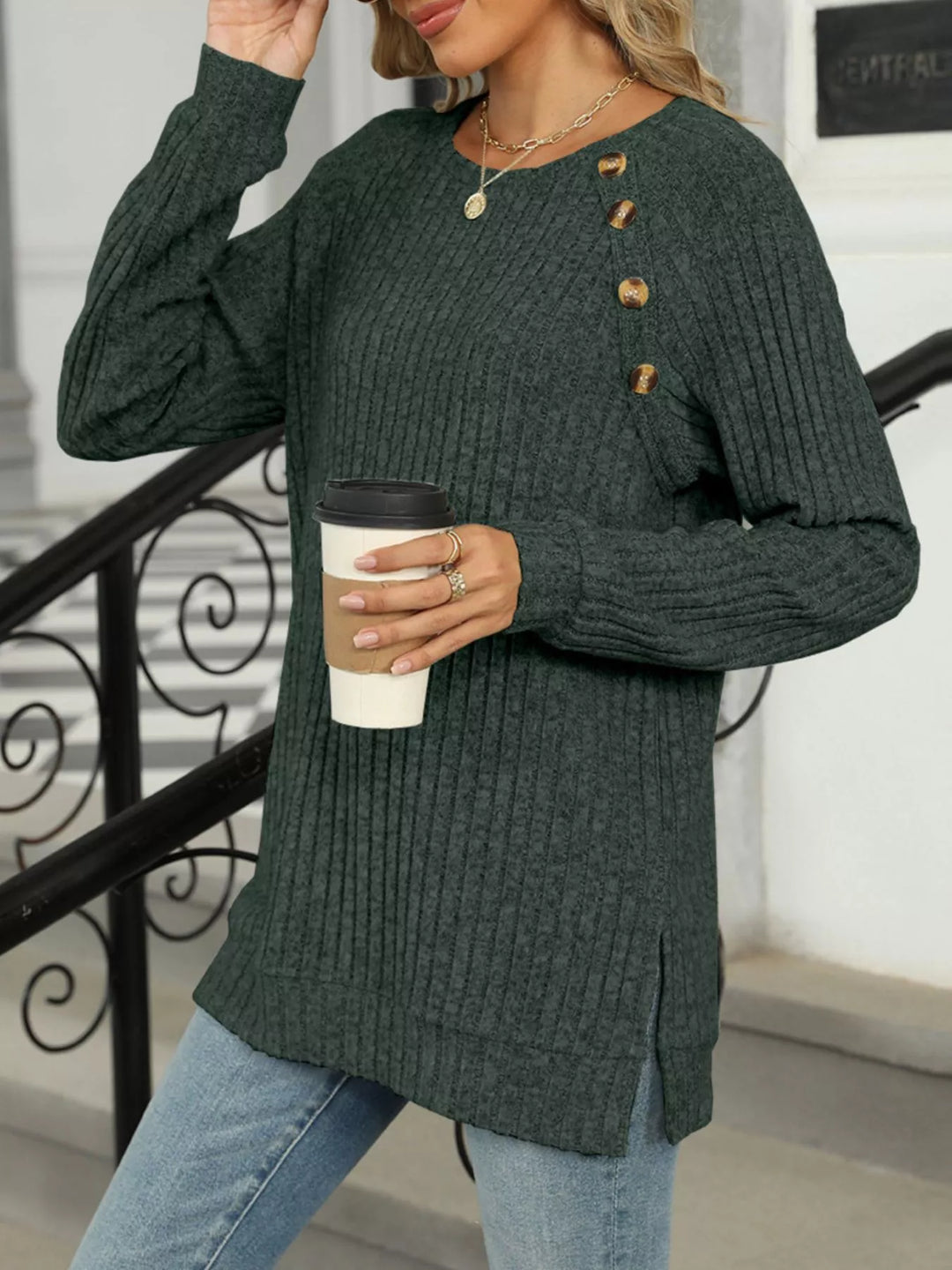 Round Neck Side Slit Ribbed Knit Top with Asymmetric Button Detail