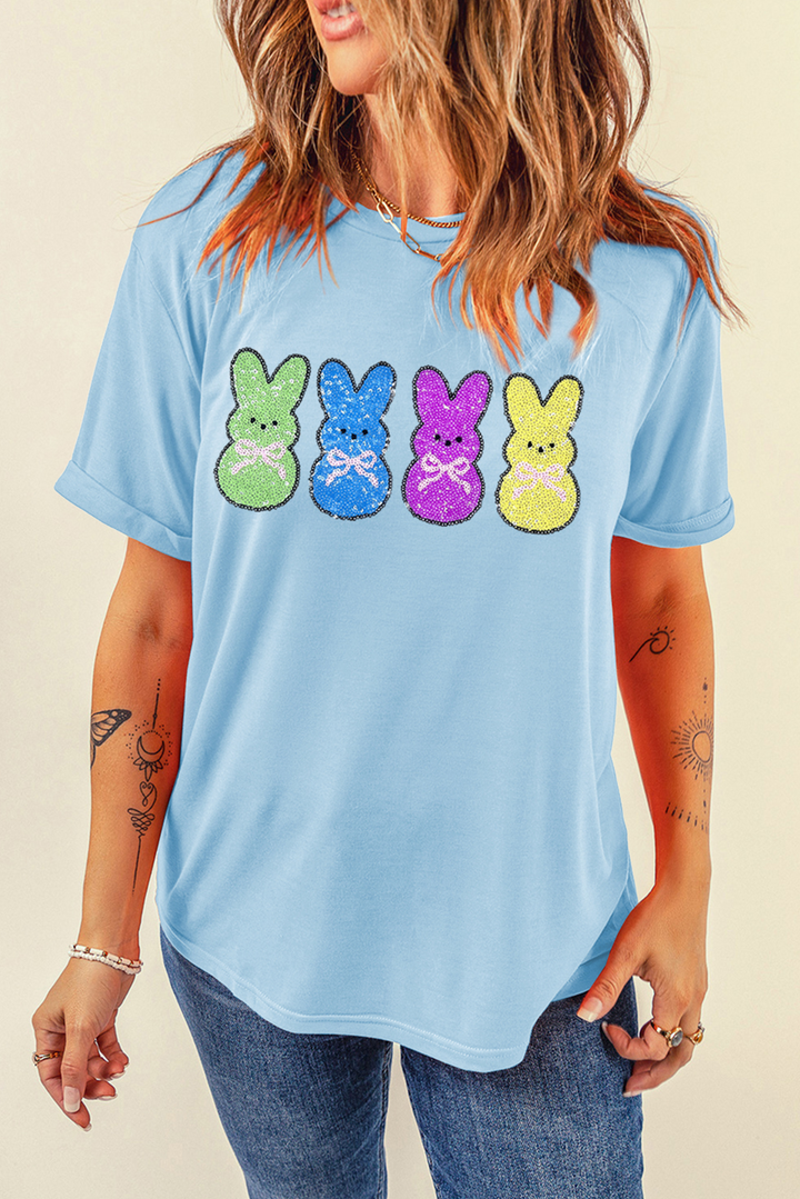 Light Blue Sequin Bunny Doll Graphic Casual T Shirt