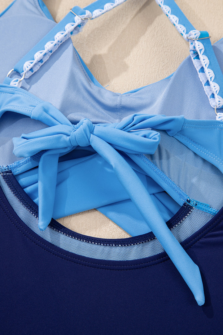 Beau Blue Ric Rac Trim Contrasted Patchwork Cutout One Piece Swimsuit