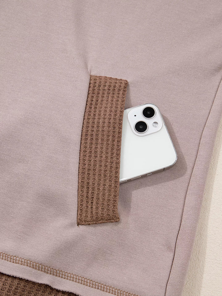 Oversize Waffle Patchwork Exposed Seam Casual Hoodie