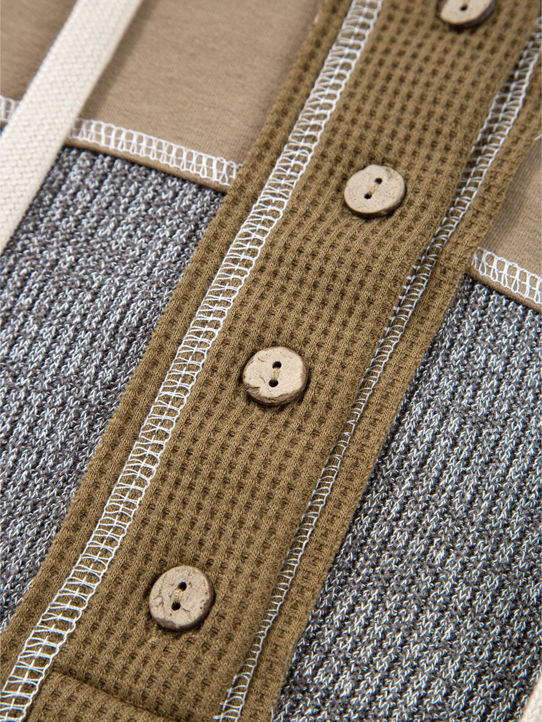 Mixed Texture Patchwork Exposed Seam Half Button Hoodie
