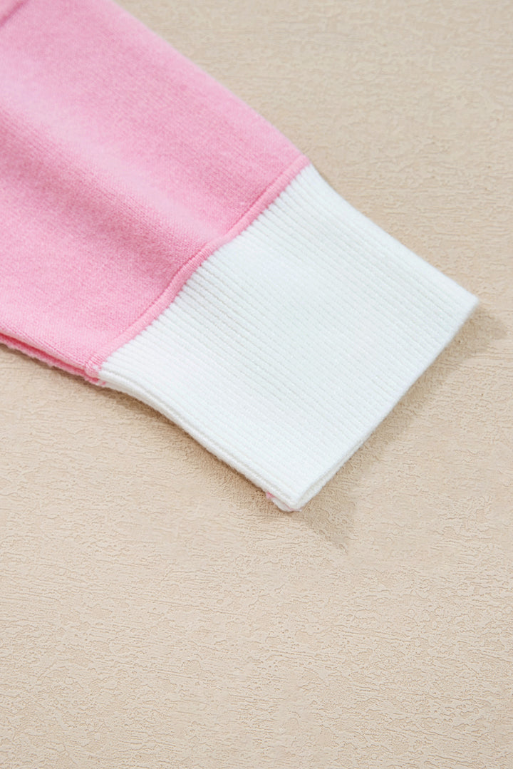 Pink Contrasting Polo Collar Color Block Knit Drop Shoulder Sweater