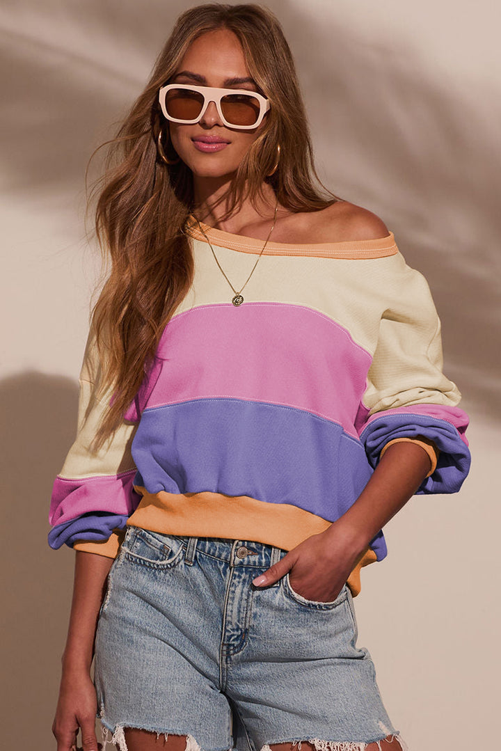 Phalaenopsis Color Block Patchwork Drop Shoulder Cropped Sweatshirt