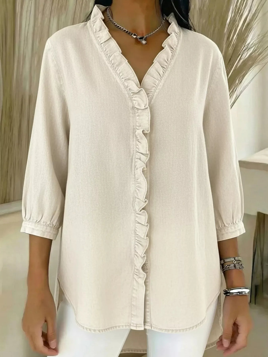 Full Size V-Neck Ruffled Button Down Shirt Plus Size