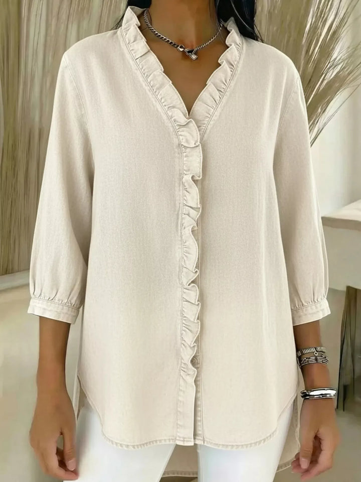 Full Size V-Neck Ruffled Button Down Shirt Plus Size