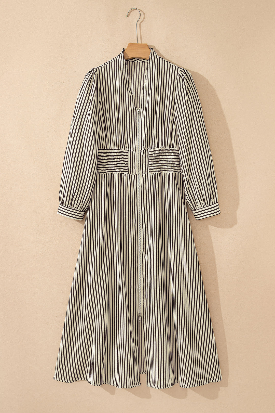 Black Stripe V Neck Zip Front Cinched High Waist Midi Dress
