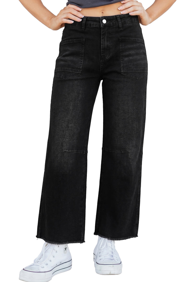 Black Frayed Cropped Straight Jeans
