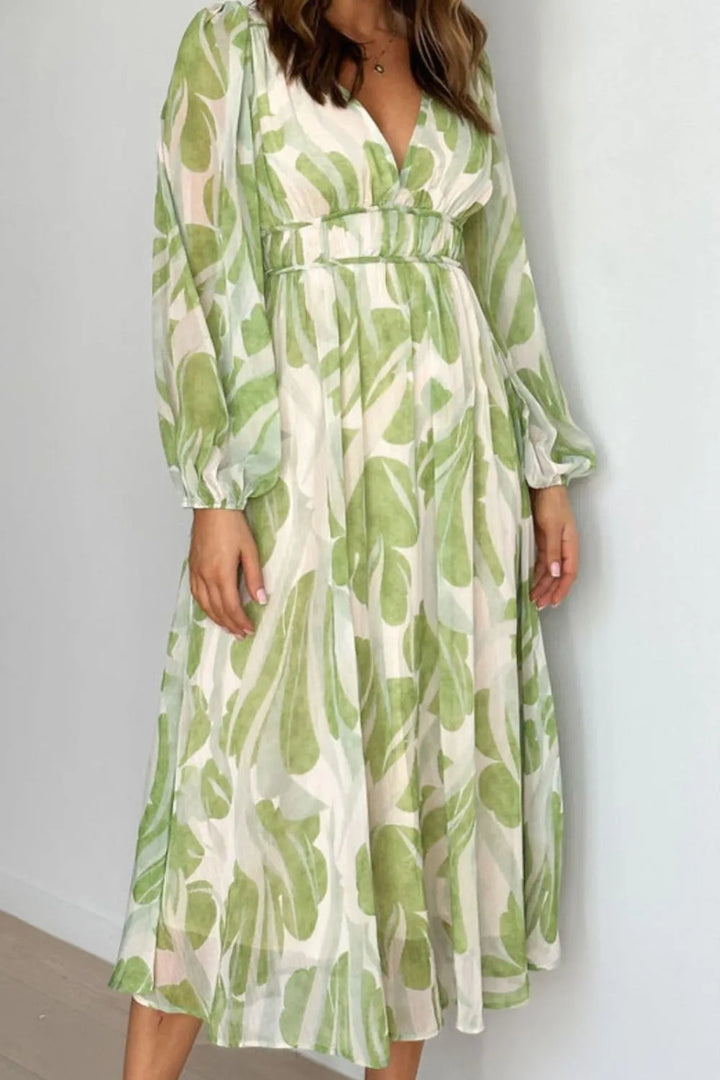 Printed V-Neck Long Sleeve Midi Dress