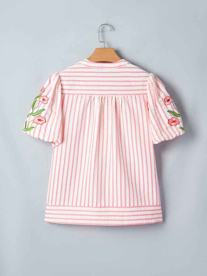 Stripe Print Floral Embroidered Puff Sleeve V Neck Blouse