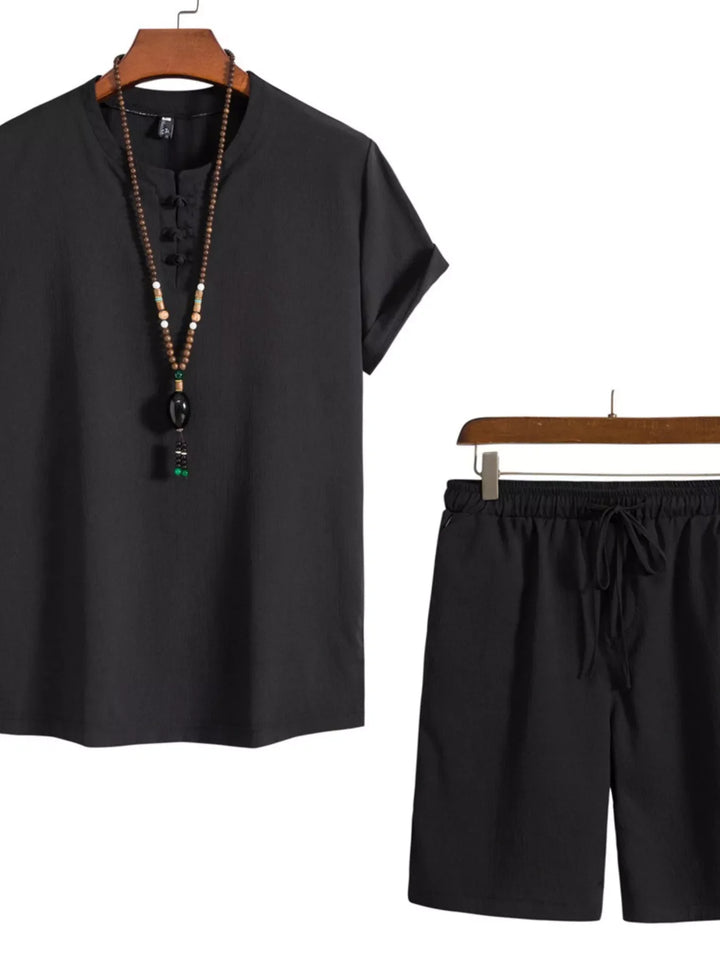 Men's Plus Size Mandarin Collar Short Sleeve Shirt and Shorts Set
