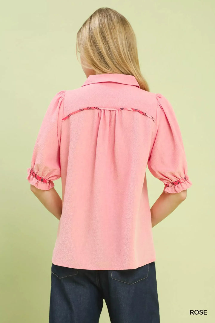 Umgee Scalloped Trim Blouse with Puff Sleeves
