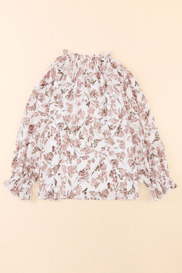 Boho Floral Print Split V Neck Bubble Sleeve Blouse