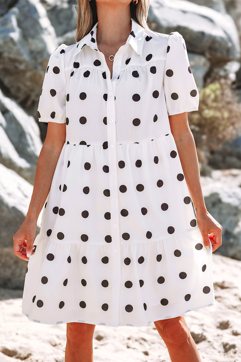 White Polka Dot Print Short Sleeve Collar Buttoned Tiered Babydoll Dress