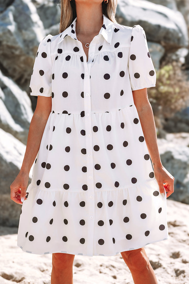 White Polka Dot Print Short Sleeve Collar Buttoned Tiered Babydoll Dress