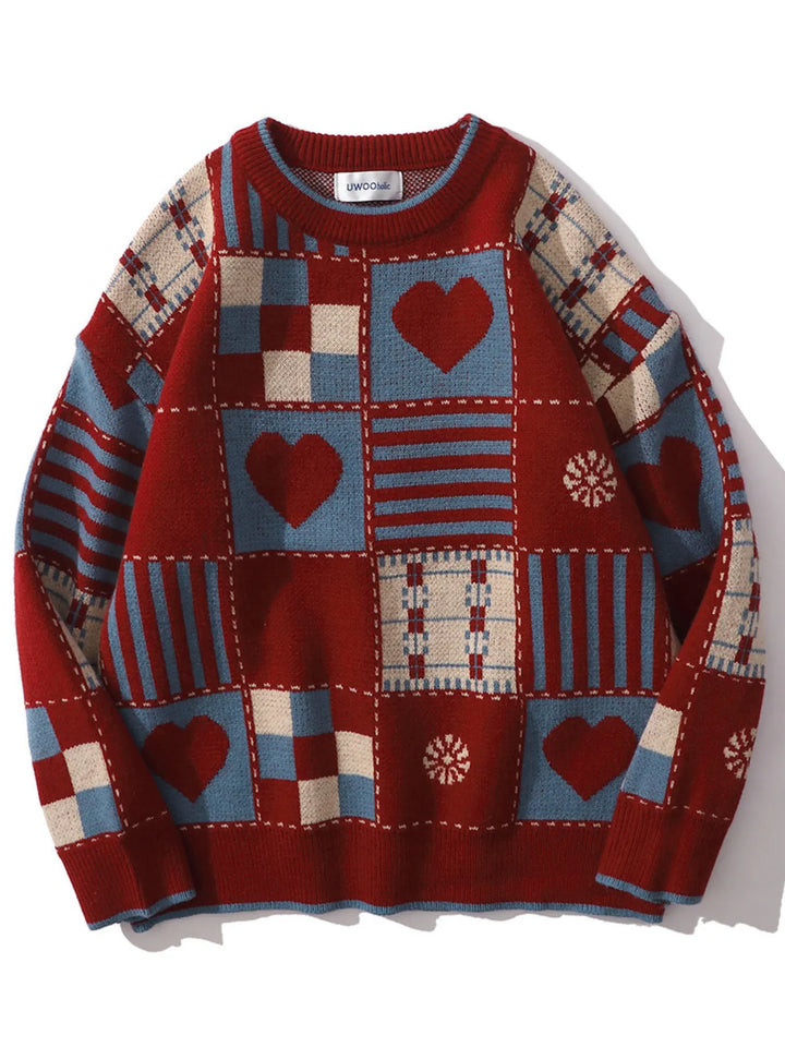Men's Heart Pattern Checkered Sweater