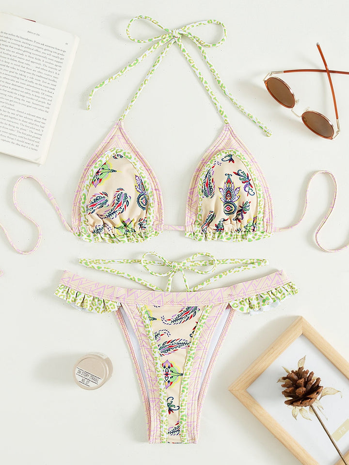 Halter Swimsuit Yellow Banded Bikini Bijini Three-Point Swimsuit