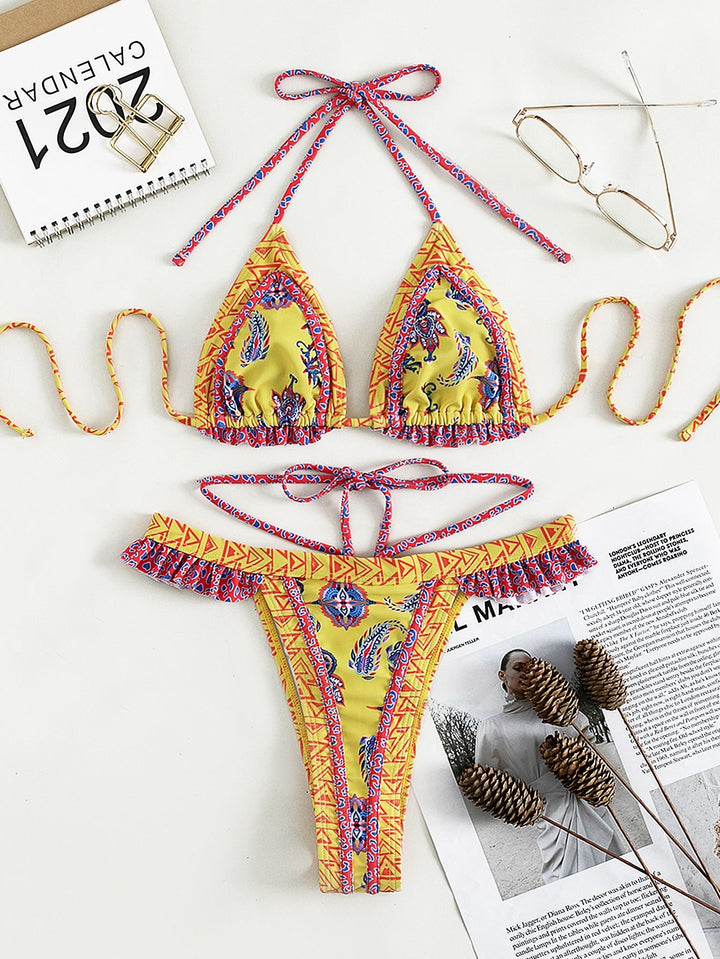 Halter Swimsuit Yellow Banded Bikini Bijini Three-Point Swimsuit
