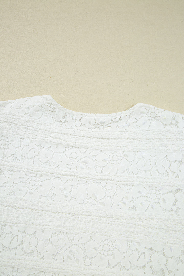 White Lace Crochet Round Neck Puff Sleeve Shift Mini Dress