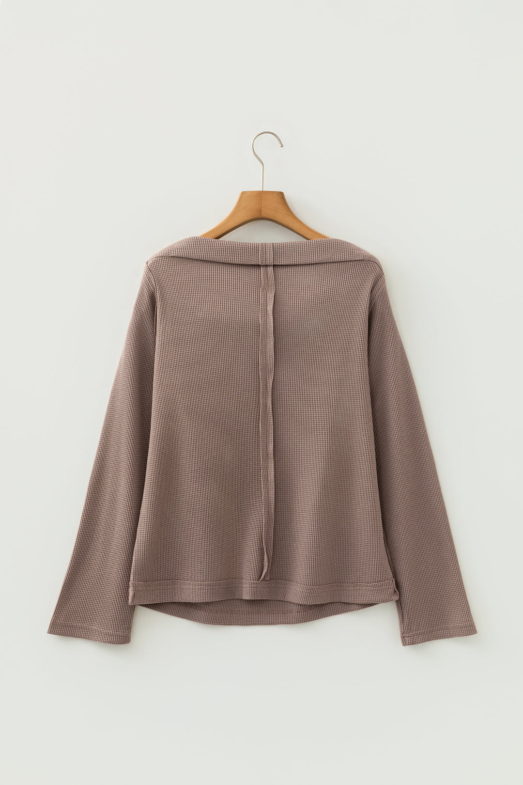 Old Rose Solid Color Waffle Knit Asymmetric Neck Long Sleeve Top
