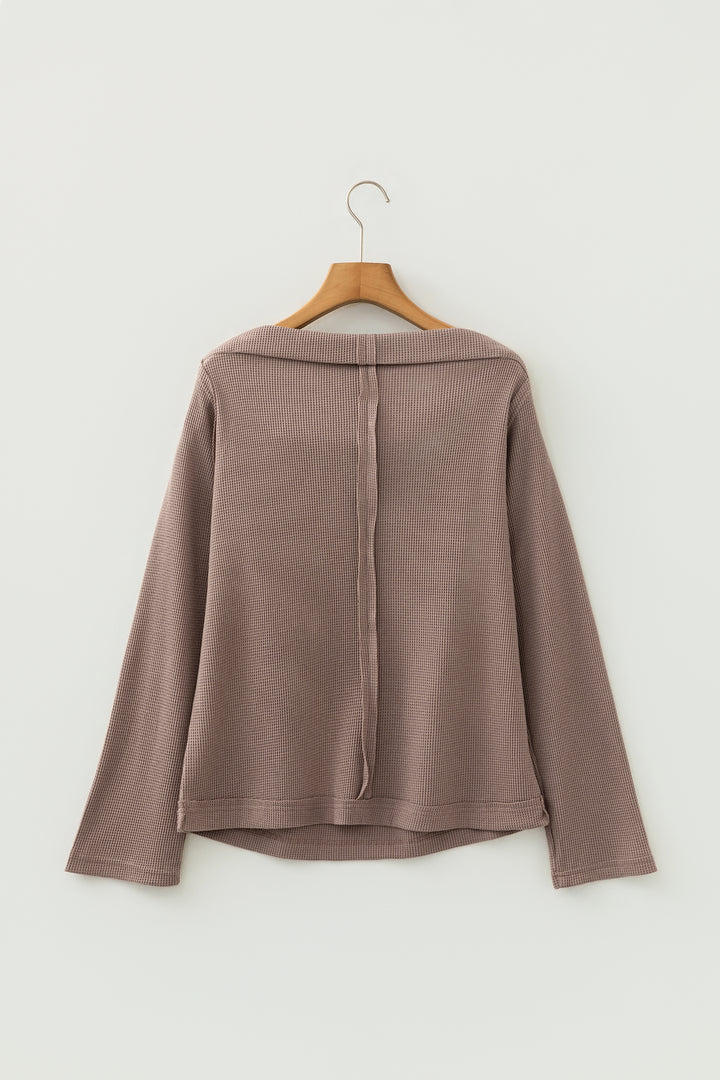 Old Rose Solid Color Waffle Knit Asymmetric Neck Long Sleeve Top