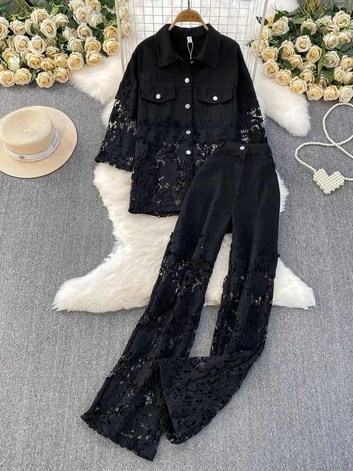 Lace Patchwork Shacket and Pants Set