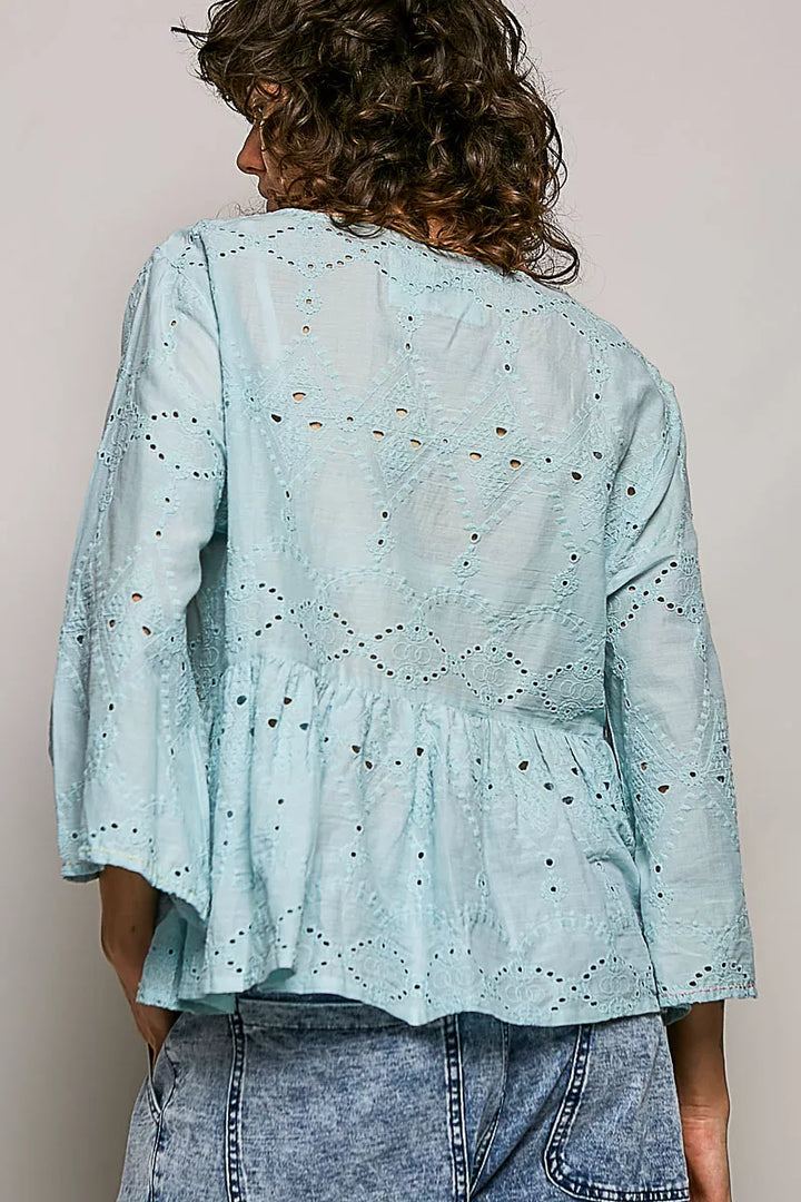 POL Eyelet Embroidery Peplum Button Front Cotton Shirt