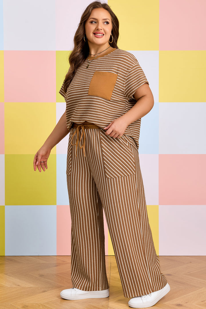 Khaki Stripe Plus Size Striped Colorblock Pocket Lounge Set