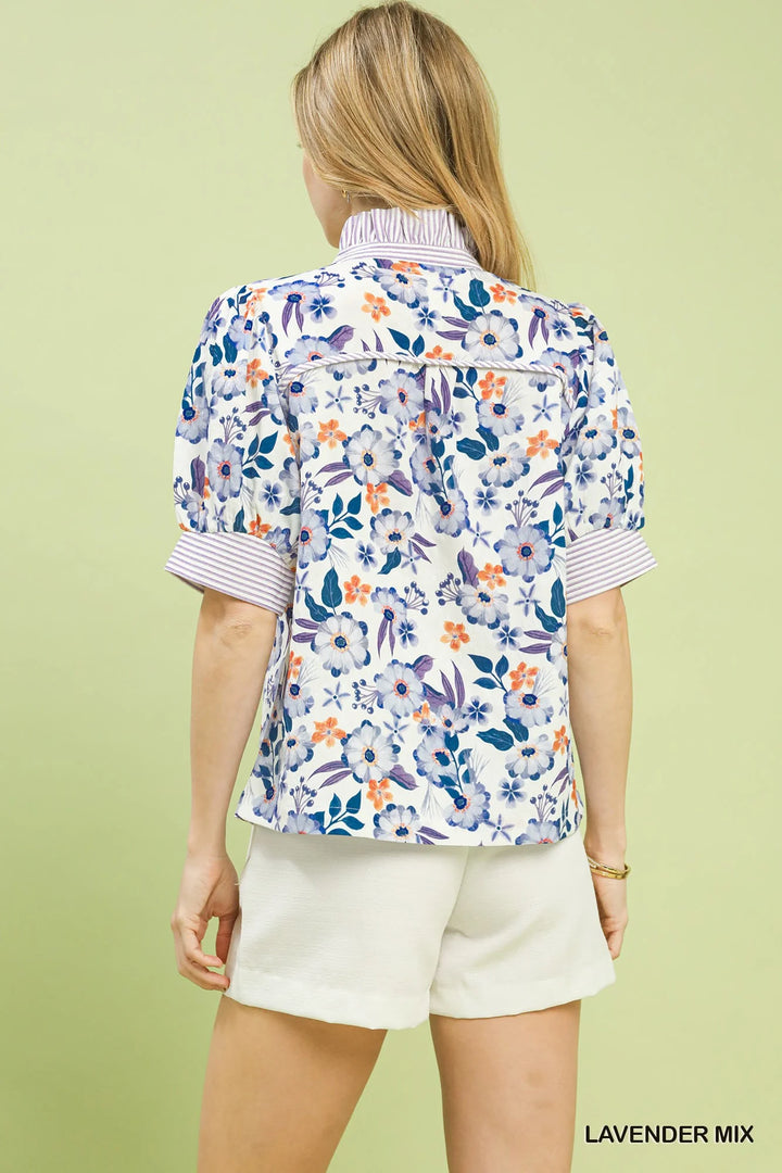 Umgee Floral Print Jacquard Ruffle Top