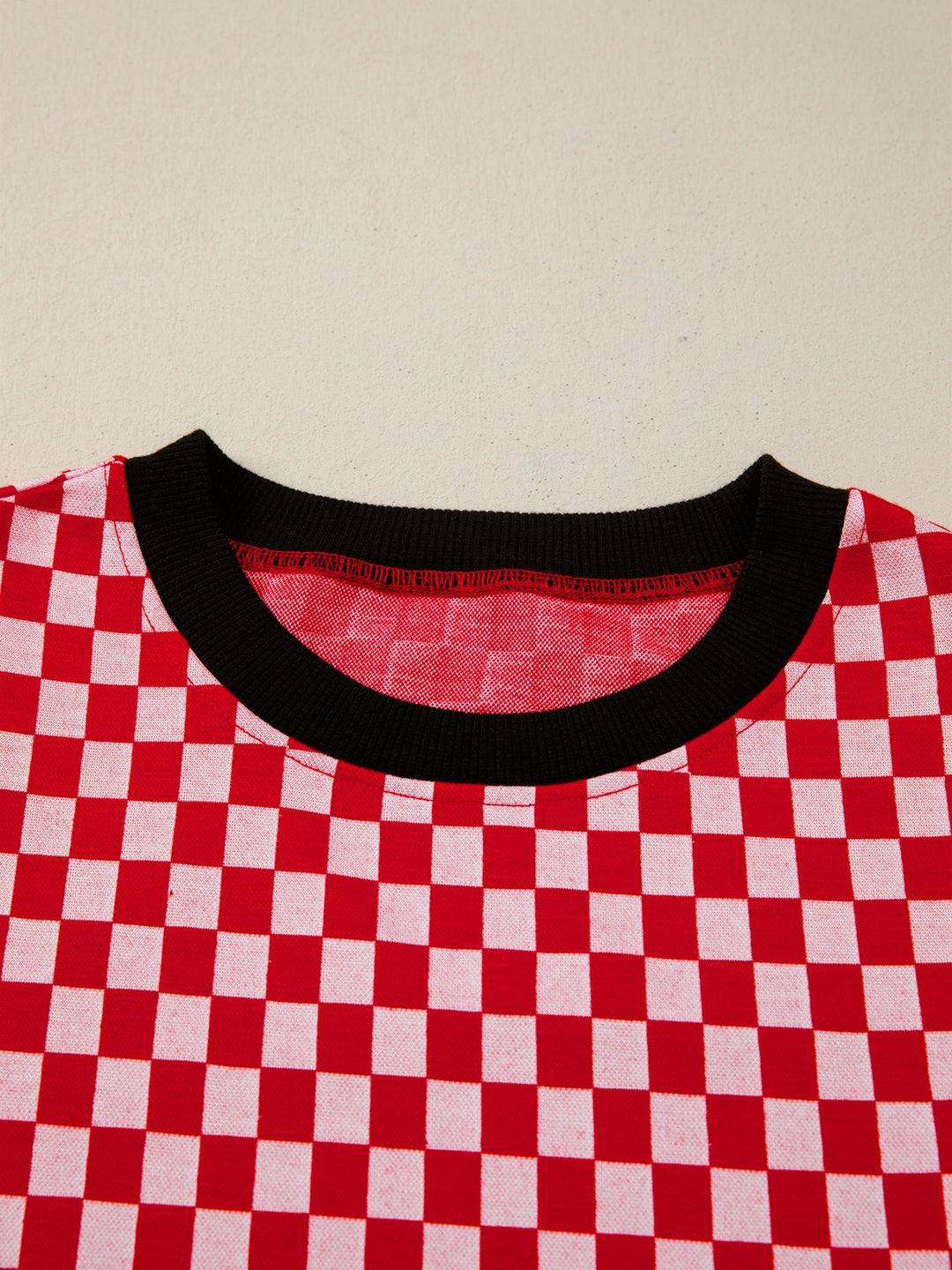 Checkered Print Ruffle Cap Sleeve Contrast Trim Round Neck Top
