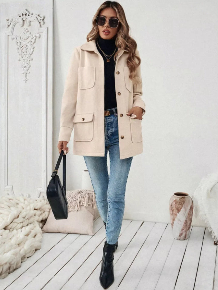 Button-Front Pocketed Long Sleeve Outerwear