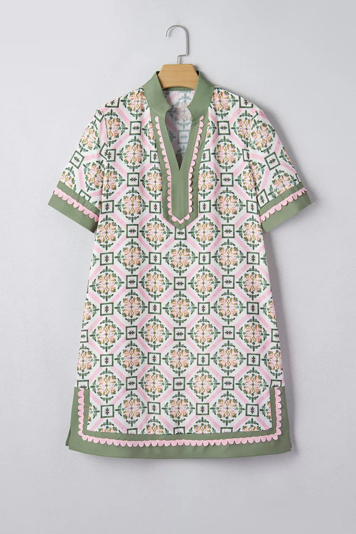 Multicolour Boho Geometric Flower Print Short Sleeve Loose Mini Dress