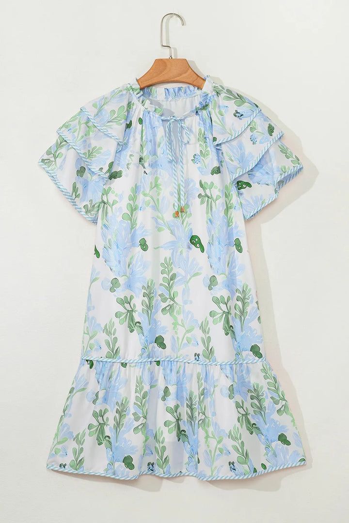 Floral Contrast Edge Layered Short Sleeve Mini Dress
