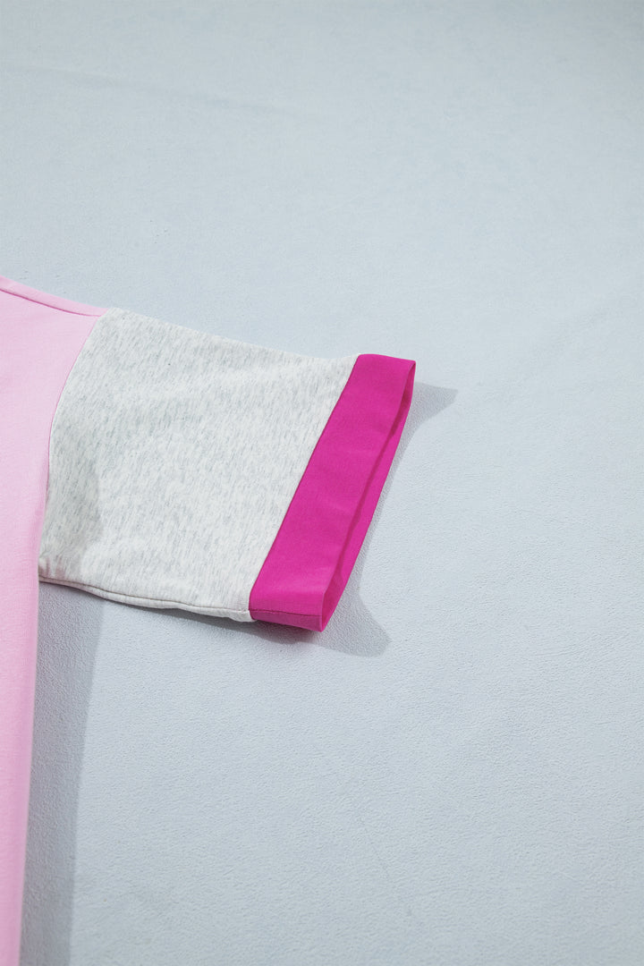Gossamer Pink Embroidered Bow Detail Color Block Loose Tee