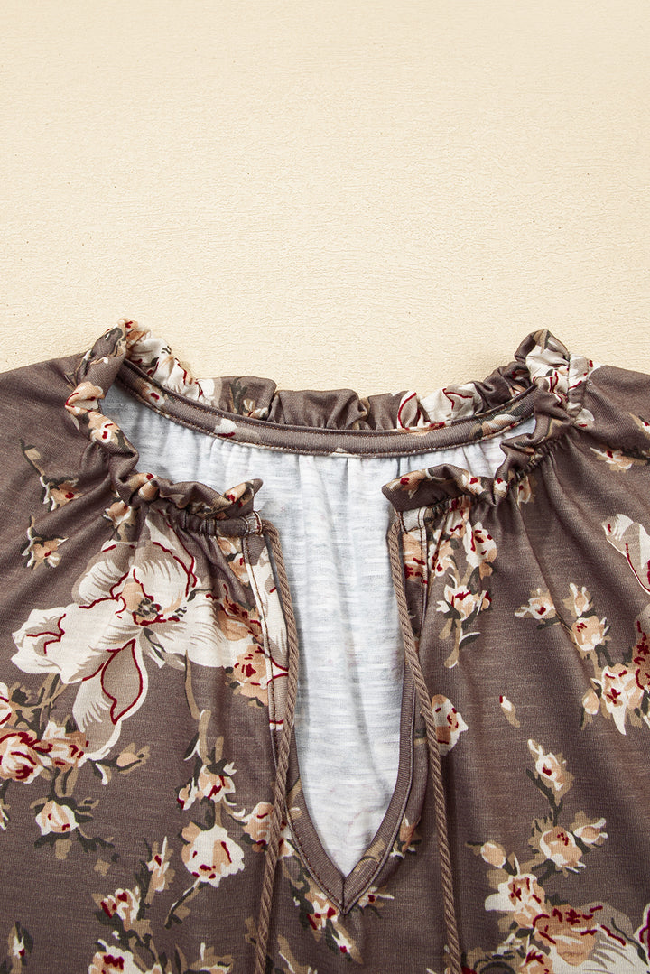 Khaki Retro Floral Print Tassel Tie Split Neck Short Sleeve Blouse