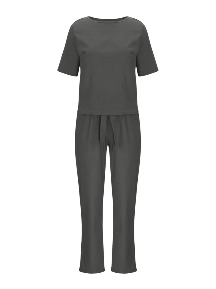 Full Size Round Neck Short Sleeve Top and Pants Set Plus Size