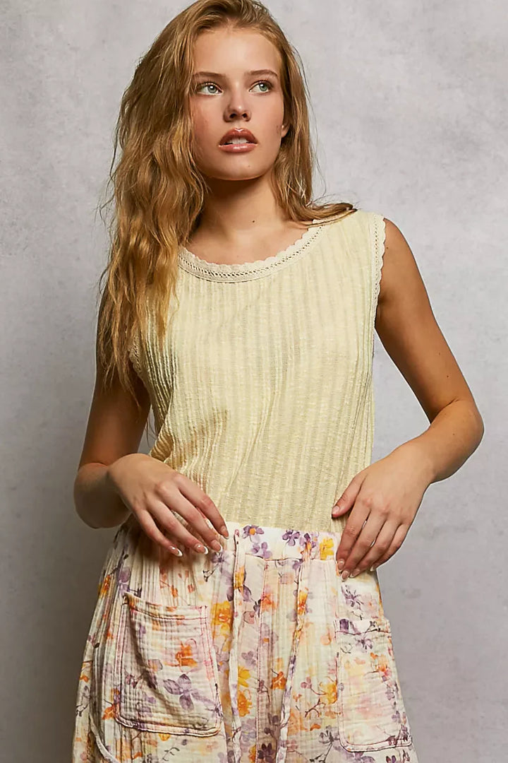 POL Ribbed Round Neck Tank with Lace Trim