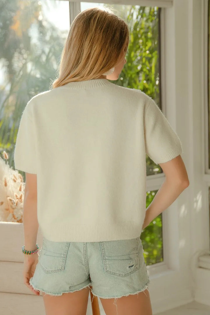 BiBi Teddy Bear With Bow Patched Sweater Button Down Top