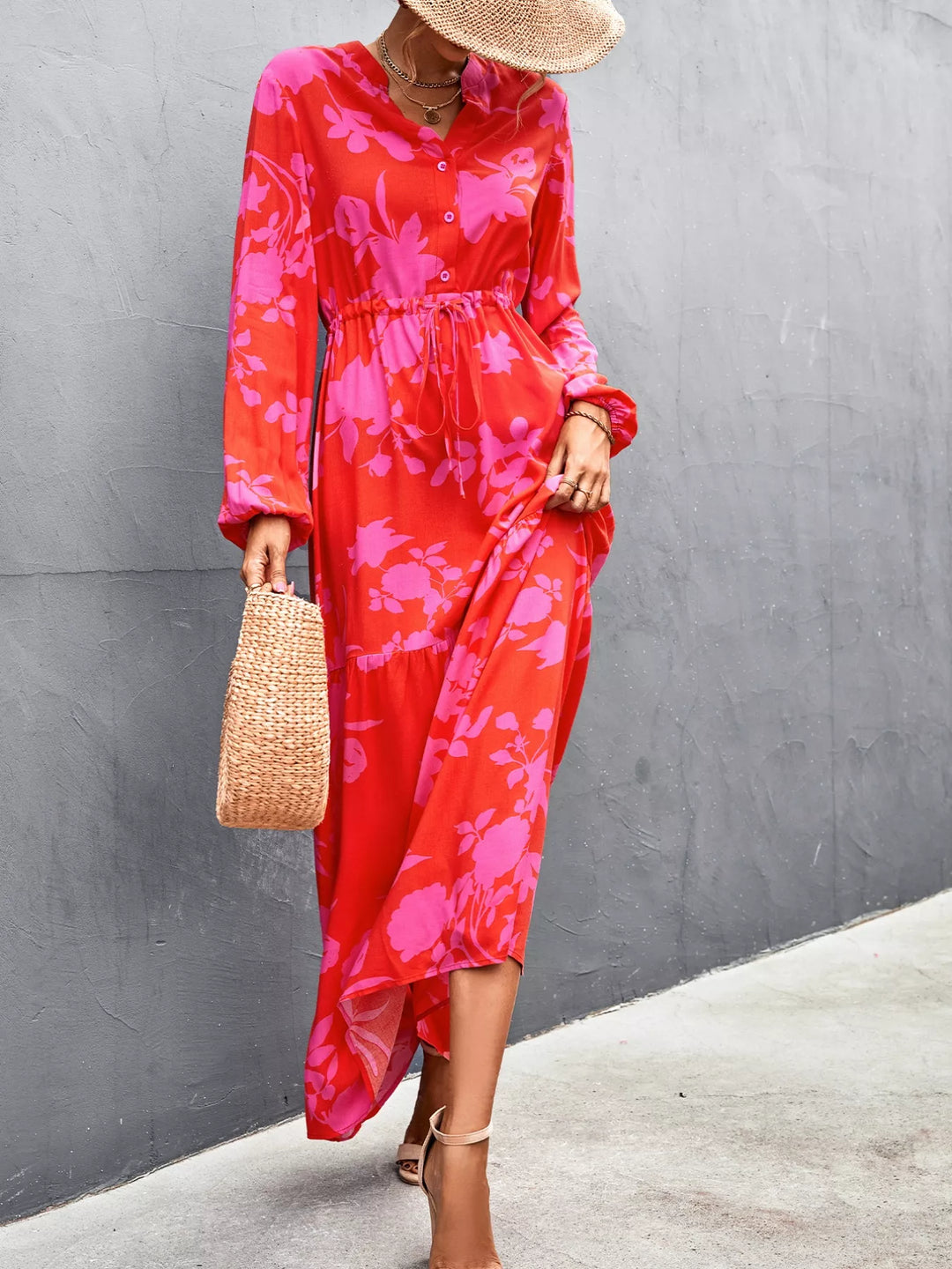 Floral Drawstring Waist Long Sleeve Maxi Dress