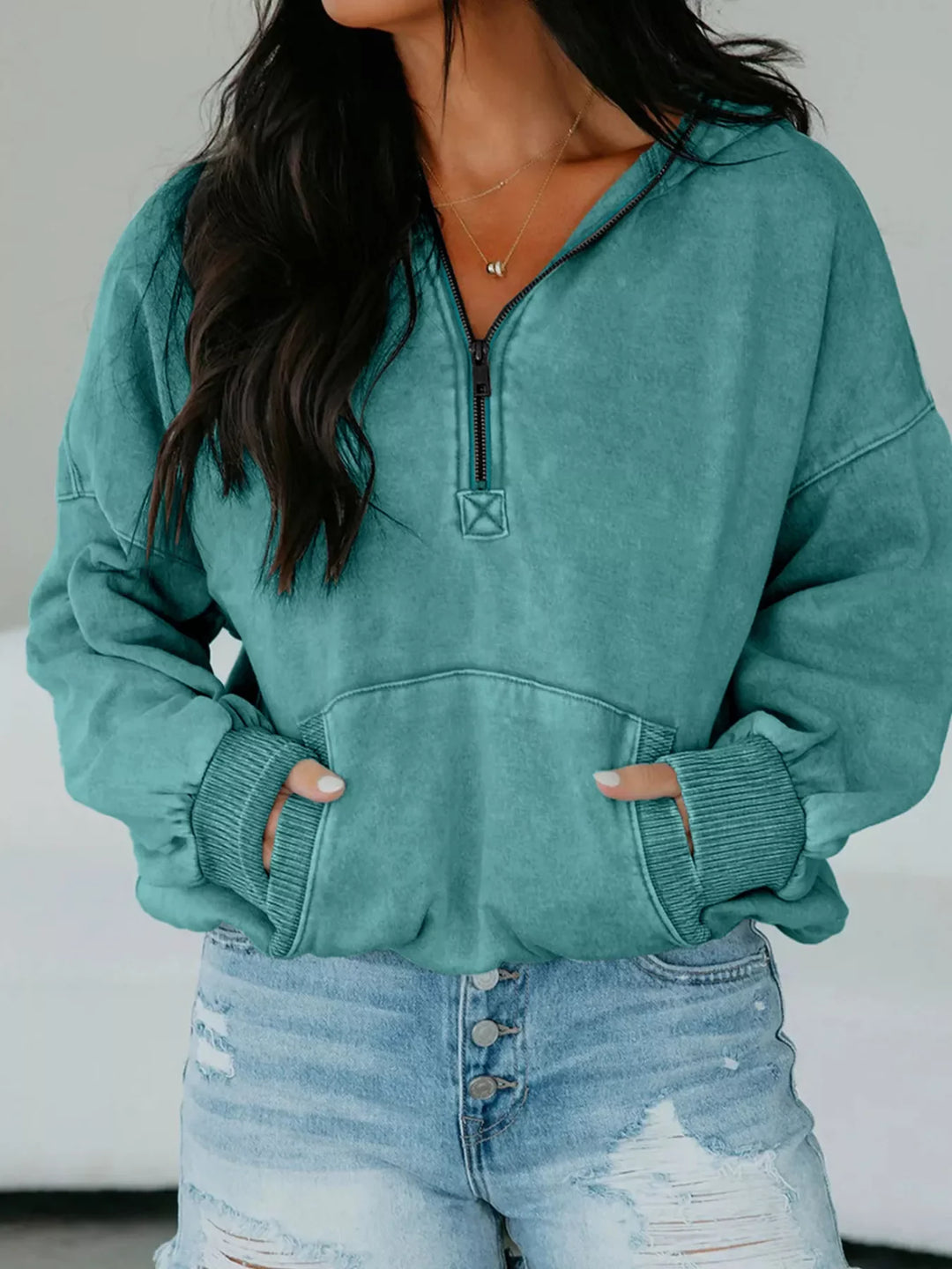 Half Zip Kangaroo Pocket Mineral Wash Baggy Hoodie