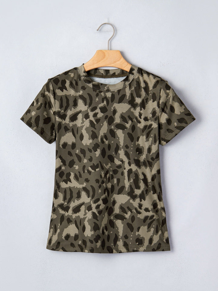 Leopard Print Mock Neck Slim Tee
