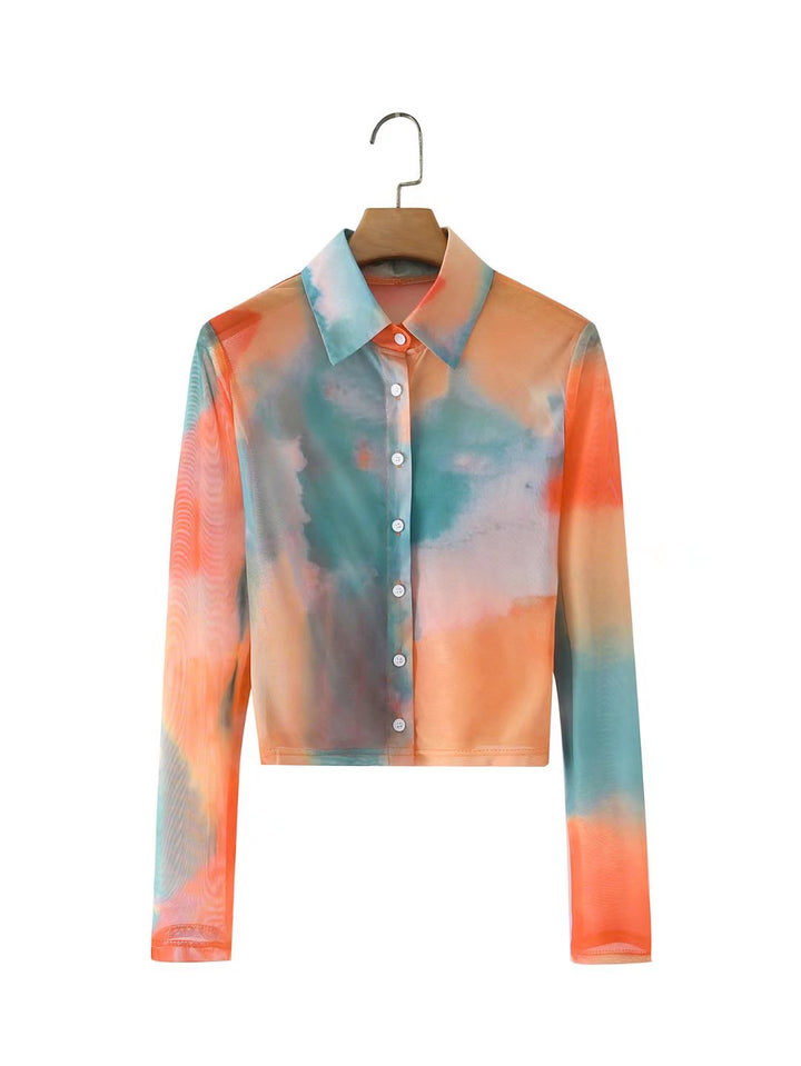 Spring Summer Tie-Dyed Long-Sleeved Shirt Loose Women Niche Elegant Graceful Collared